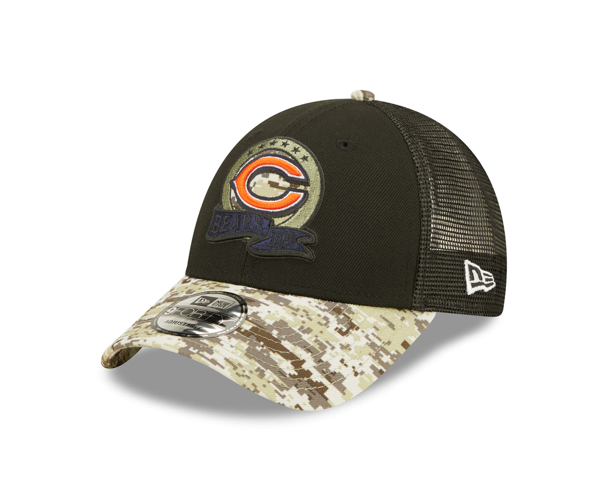 Men's Chicago Bears New Era Black/Camo Primary Logo NFL 2022 Salute To Service Trucker 9FORTY Snapback Adjustable Hat - Pro Jersey Sports