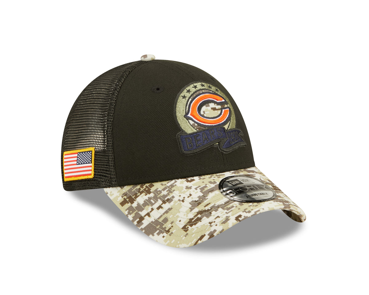 Men's Chicago Bears New Era Black/Camo Primary Logo NFL 2022 Salute To Service Trucker 9FORTY Snapback Adjustable Hat - Pro Jersey Sports