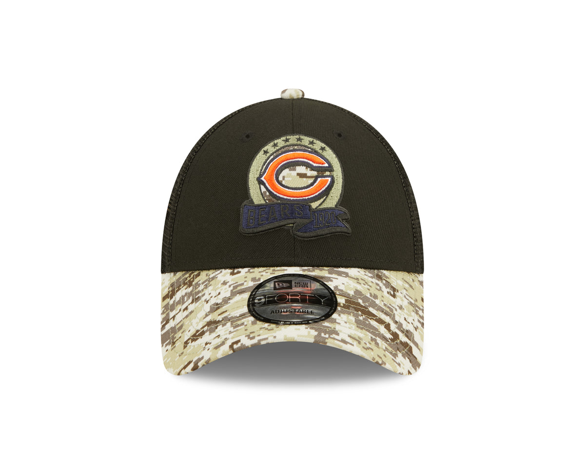 Men's Chicago Bears New Era Black/Camo Primary Logo NFL 2022 Salute To Service Trucker 9FORTY Snapback Adjustable Hat - Pro Jersey Sports