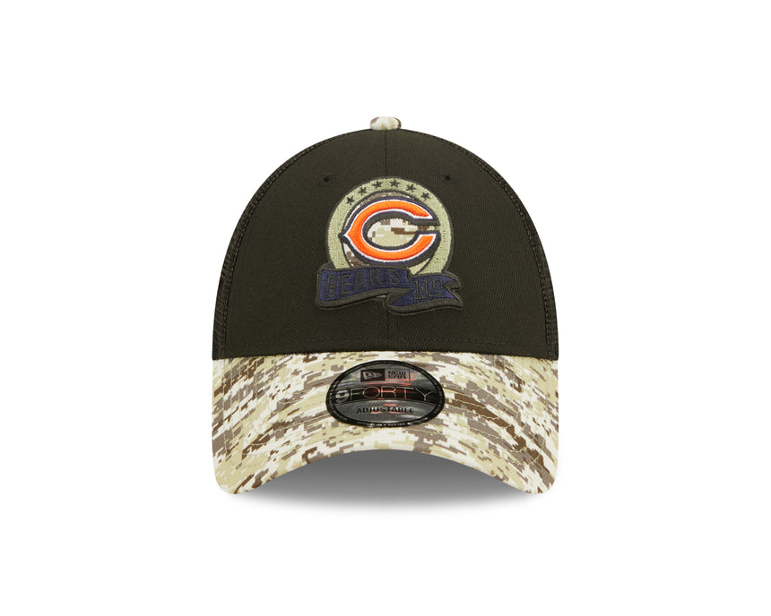 Men's Chicago Bears New Era Black/Camo Primary Logo NFL 2022 Salute To Service Trucker 9FORTY Snapback Adjustable Hat - Pro Jersey Sports