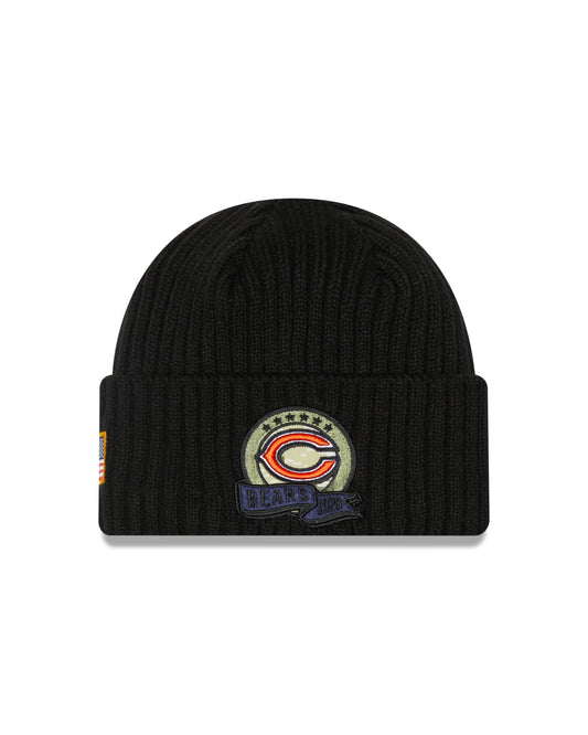Chicago Bears New Era Black 2022 NFL Sideline Primary Logo Official Black Salute To Service Sport Knit Hat