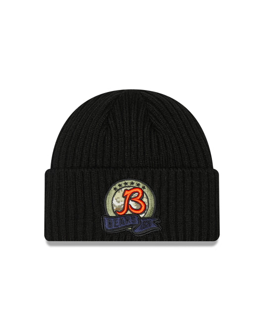 Chicago Bears New Era Black 2022 NFL Sideline B Logo Official Black Salute To Service Sport Knit Hat