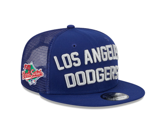 Los Angeles Dodgers New Era Blue Stacked 9FIFTY Mesh Trucker Snapback Hat