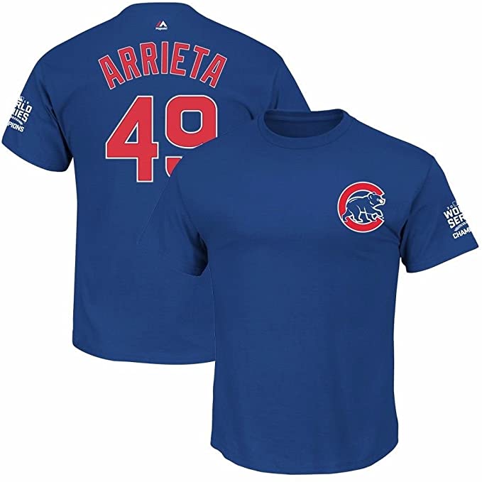 Men's Chicago Cubs Jake Arrieta Majestic Royal 2016 World Series Champions Name & Number T-Shirt