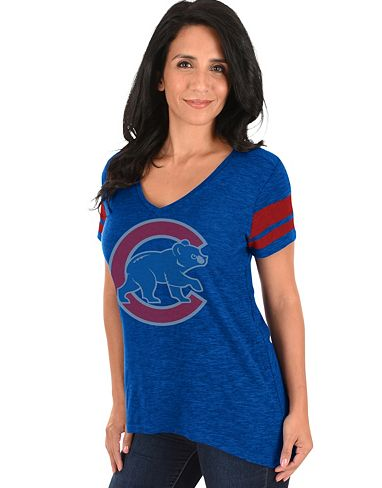 Women's Chicago Cubs Royal Blue Check the Tape Tee