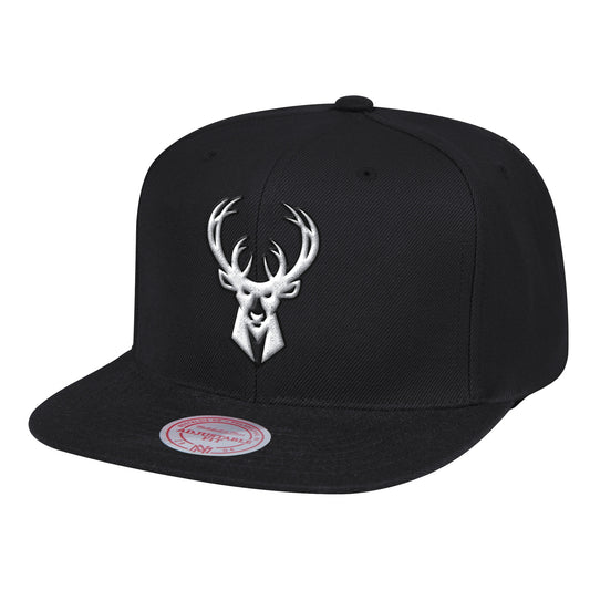 Milwaukee Bucks Black & White XL Logo Mitchell & Ness Snapback Hat
