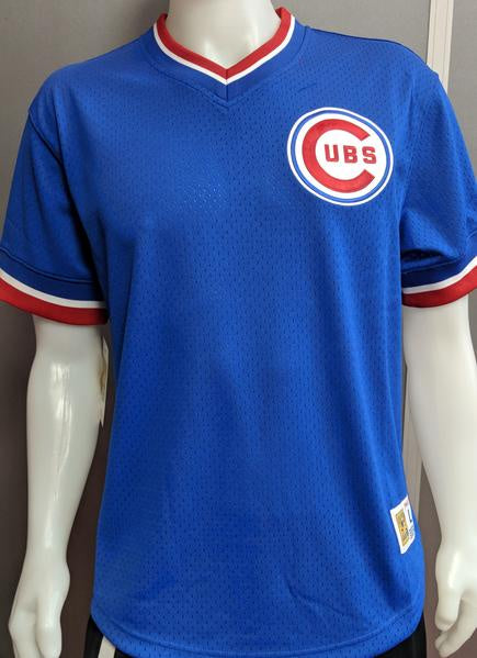 Men’s Chicago Cubs 1969 Logo Mitchell & Ness Blue Mesh V-Neck Jersey