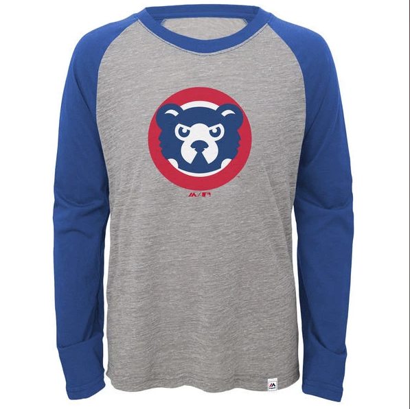 Youth Chicago Cubs Majestic Gray Two to One Margin Long Sleeve Raglan T-Shirt