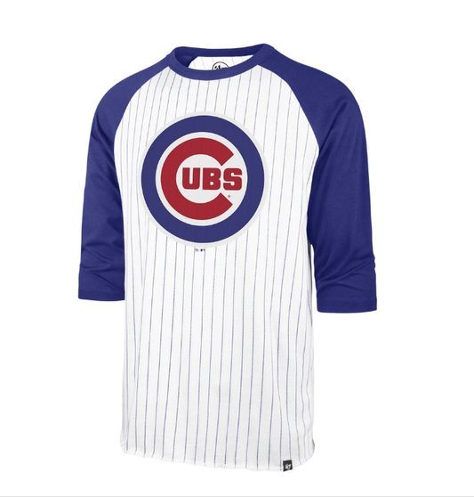 '47 Brand Men's Chicago Cubs White Wash Pinstripe 3/4 Sleeve Raglan Tee