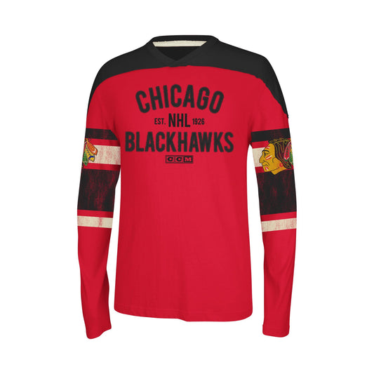 Chicago Blackhawks Long Sleeve CCM Applique Crew Neck Tee-Red