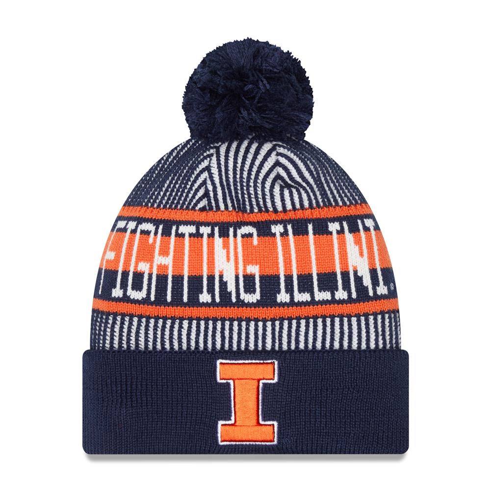 Men's Illinois Fighting Illini Navy NCAA New Era Knitstripe Cuffed Pom Knit Hat