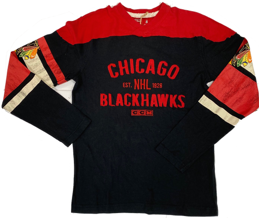Chicago Blackhawks L/S Applique Crew Neck Tee-Black