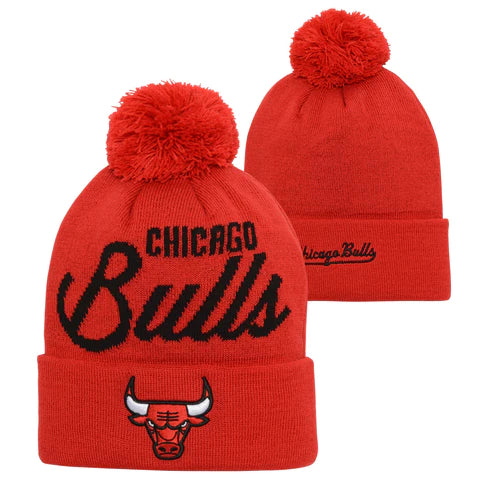 Youth Chicago Bulls NBA Red Retro Script Cuffed Pom Knit Hat