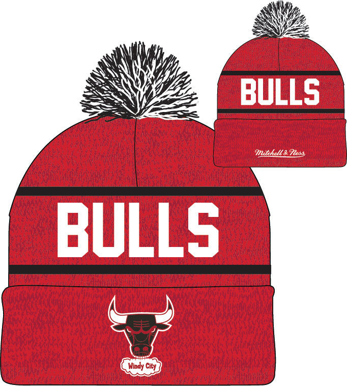 Chicago Bulls Mitchell & Ness NBA Reload 2.0 Red Cuffed Pom Knit Hat