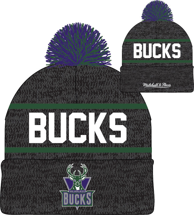 Milwaukee Bucks Mitchell & Ness NBA Reload 2.0 Gray Cuffed Pom Knit Hat