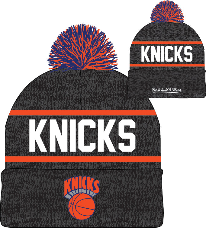 New York Knicks Mitchell & Ness NBA Reload 2.0 Gray Cuffed Pom Knit Hat