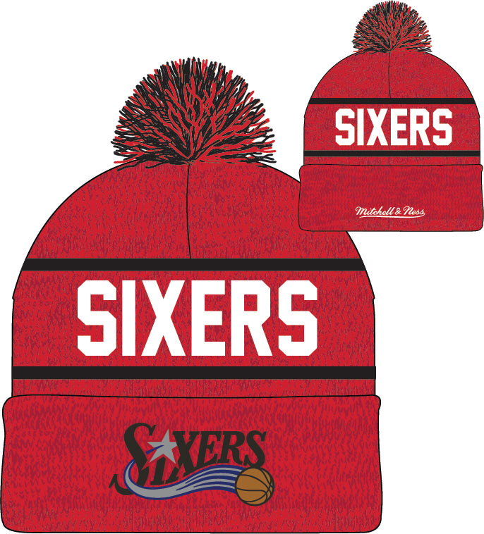 Philadelphia 76ers Mitchell & Ness NBA Reload 2.0 Red Cuffed Pom Knit Hat