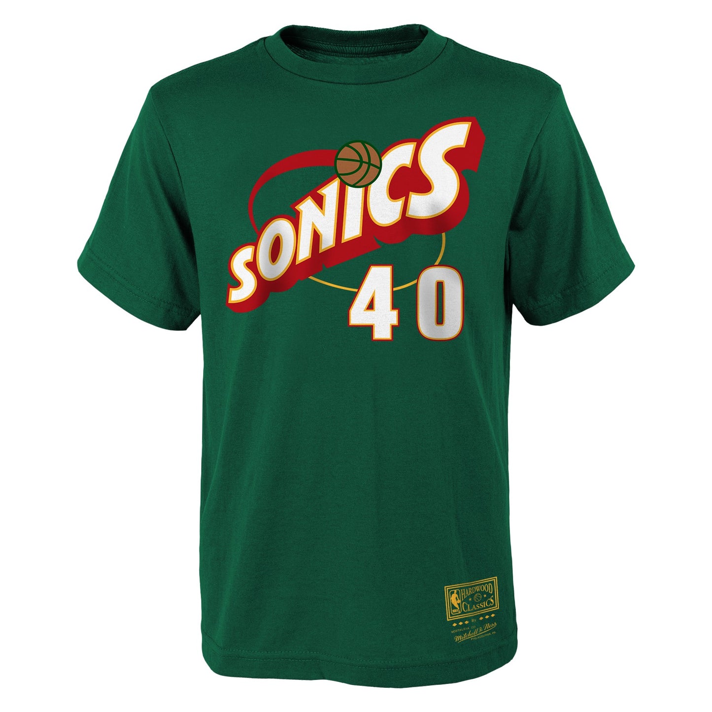 Youth Shawn Kemp Seattle SuperSonics Mitchell and Ness Green Hardwood Classics NBA Player Name And Number T-Shirt