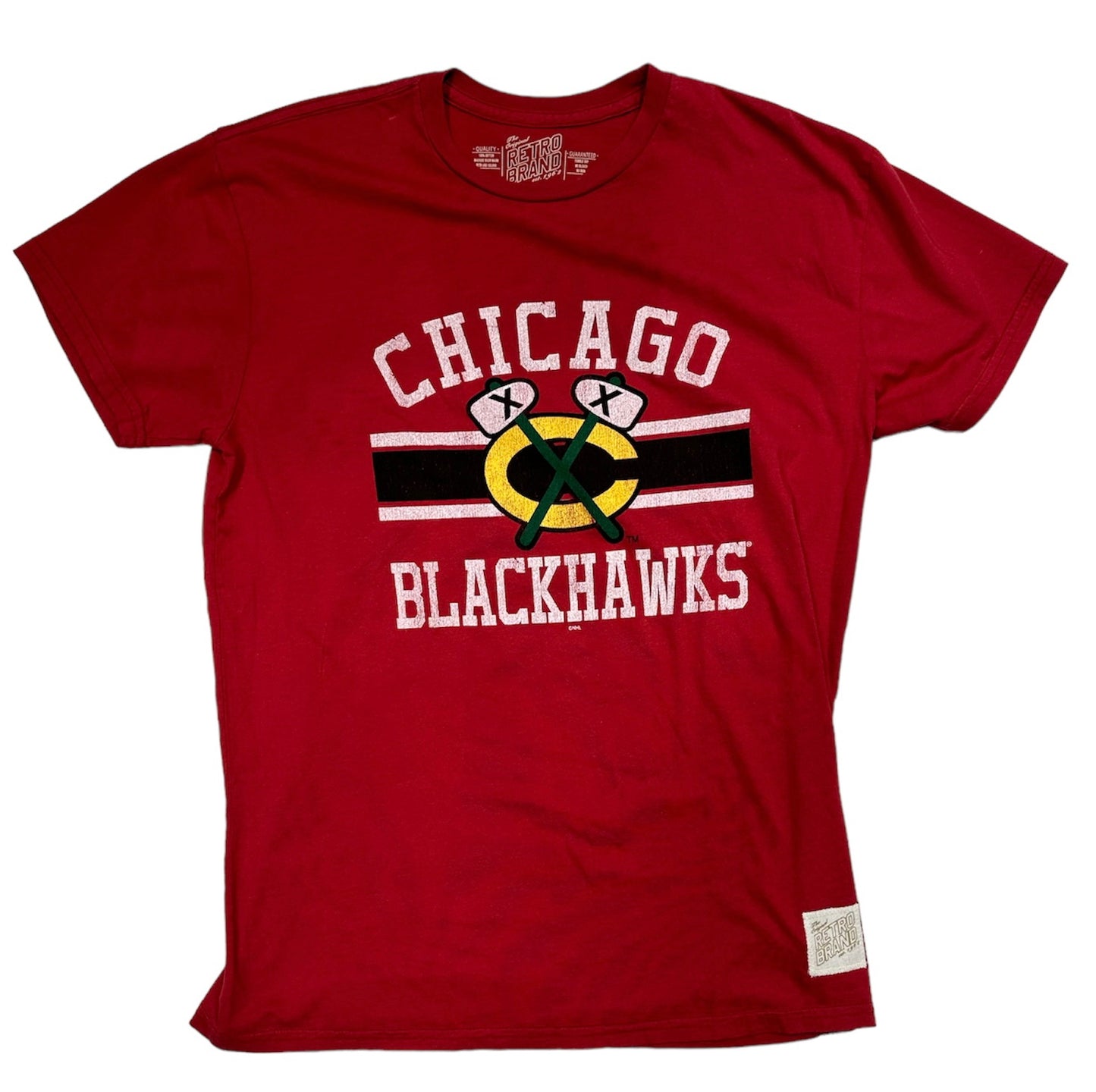Men's Chicago Blackhawks Red Secondary Logo Bar Stripe Short Sleeve Tee