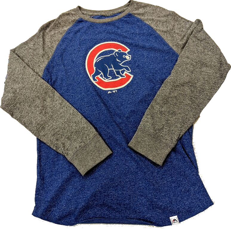 Men's Chicago Cubs Majestic Heathered Gray/Heathered Royal Team Tri-Blend Raglan Long Sleeve T-Shirt