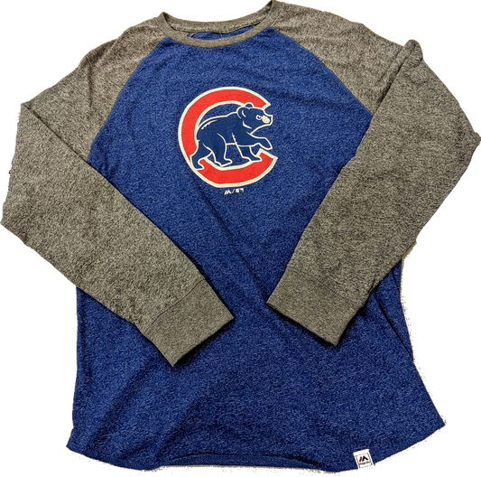 Men's Chicago Cubs Majestic Heathered Gray/Heathered Royal Team Tri-Blend Raglan Long Sleeve T-Shirt