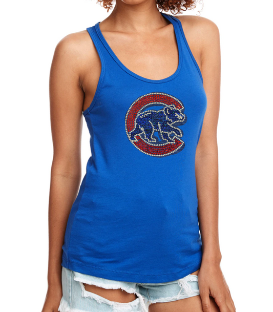 Women's Chicago Cubs Royal Blue Walking Bear Logo Bling Tank Top