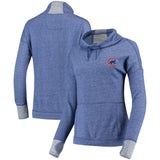 Chicago Cubs Antigua Women's Snap Cowl Neck Pullover Sweatshirt - Heathered Royal - Pro Jersey Sports