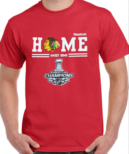 Mens Reebok Chicago Blackhawks 2015 Stanley Cup Champions Red "Home Sweet Home" Tee