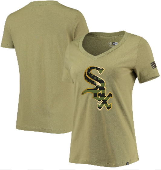 Women's Chicago White Sox 2022 Armed Forces Day Olive V-Neck T-Shirt