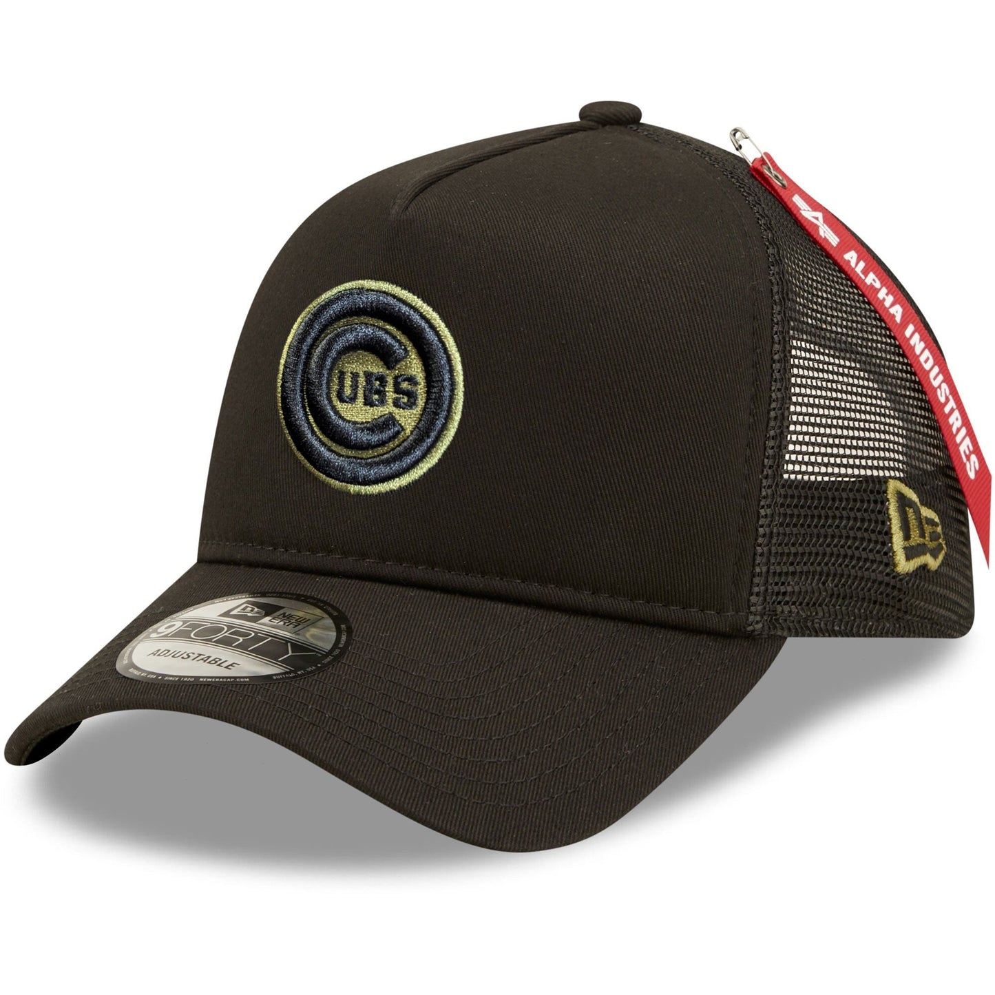 Men's Chicago Cubs New Era x Alpha Industries Black A-Frame 9FORTY Trucker Snapback Hat
