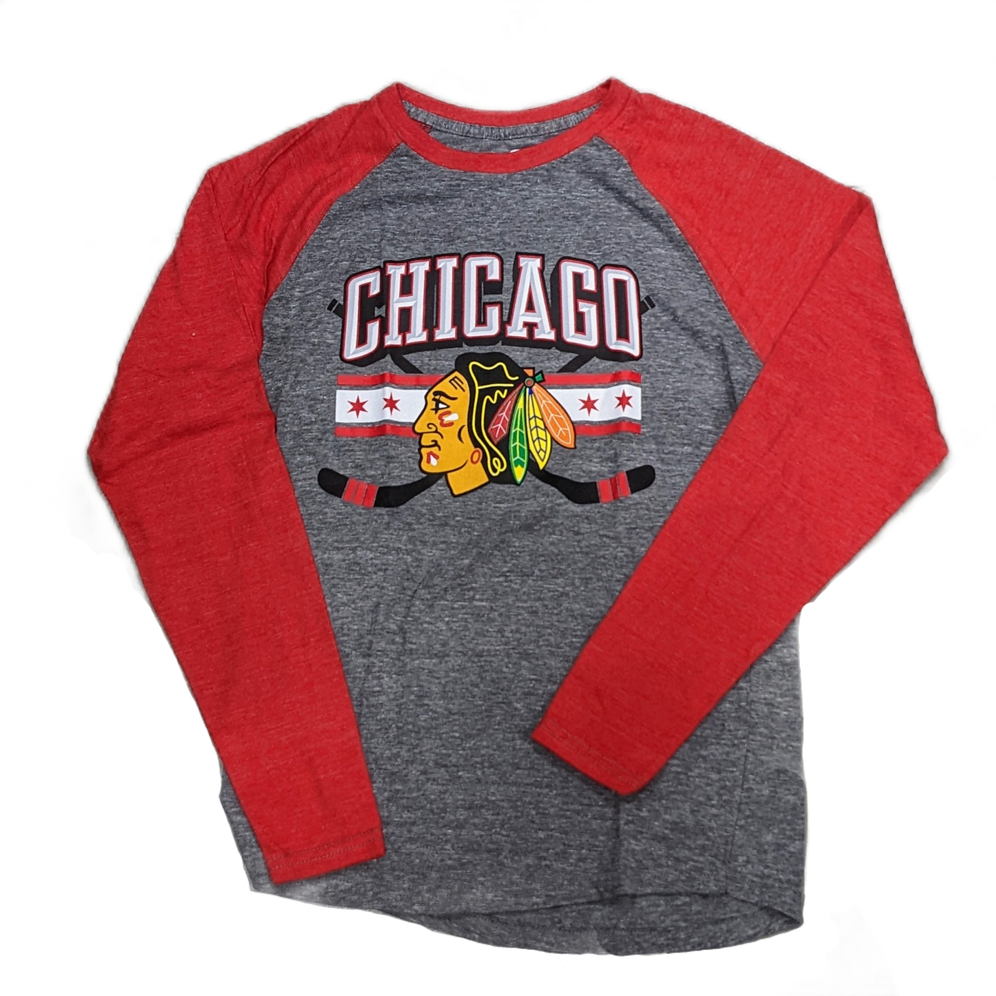 Men's Chicago Blackhawks Stars and Sticks Gray/Red Raglan Tri-Blend Long Sleeve T-Shirt