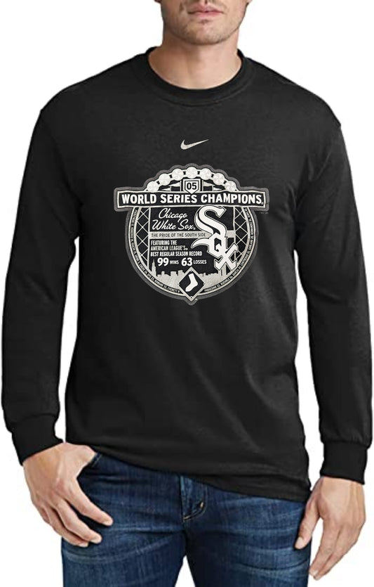 NIKE Men's Chicago White Sox 2005 World Series Champions Record and Roster Black Long Sleeve Tee