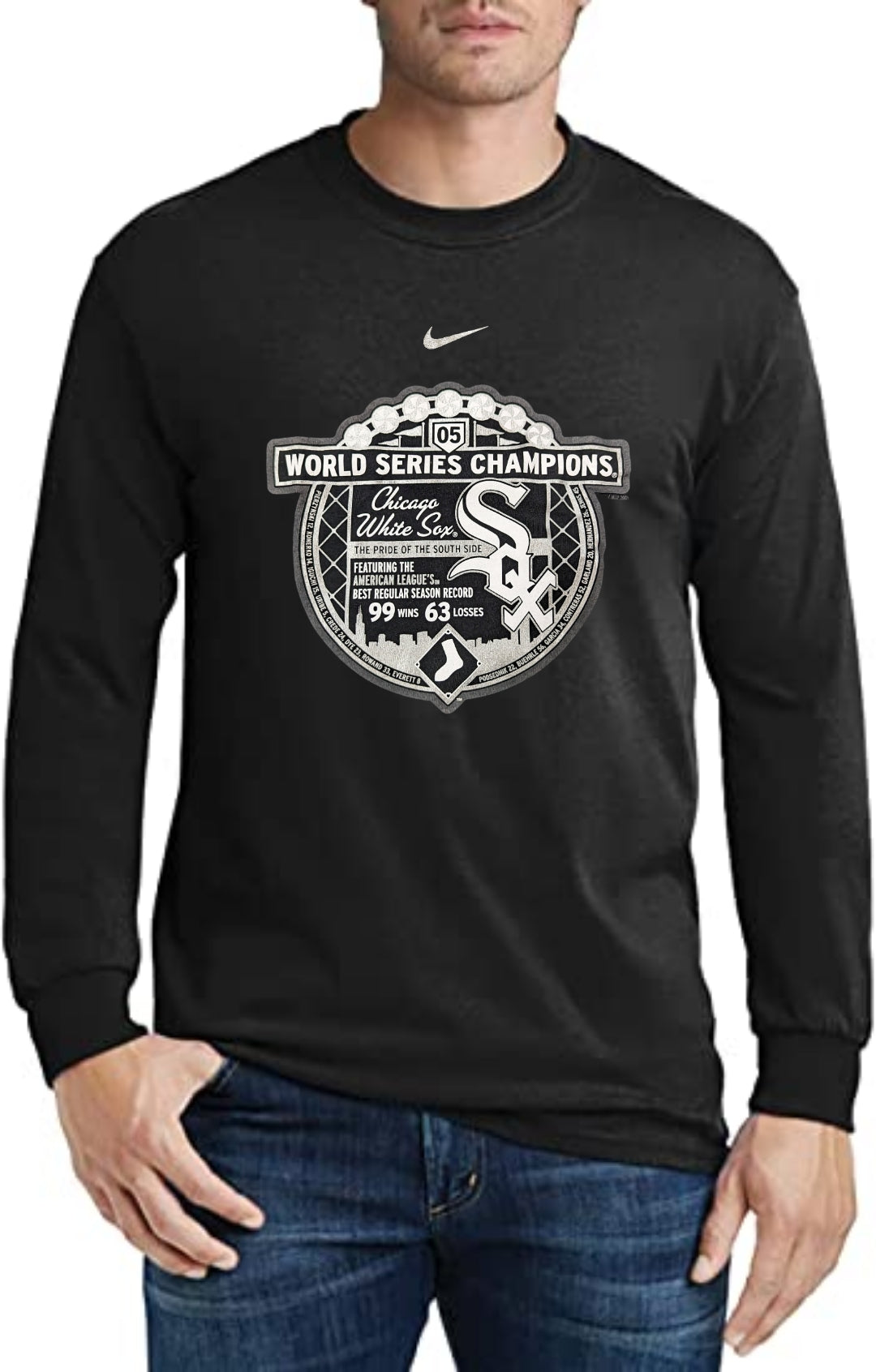 NIKE Men's Chicago White Sox 2005 World Series Champions Record and Roster Black Long Sleeve Tee