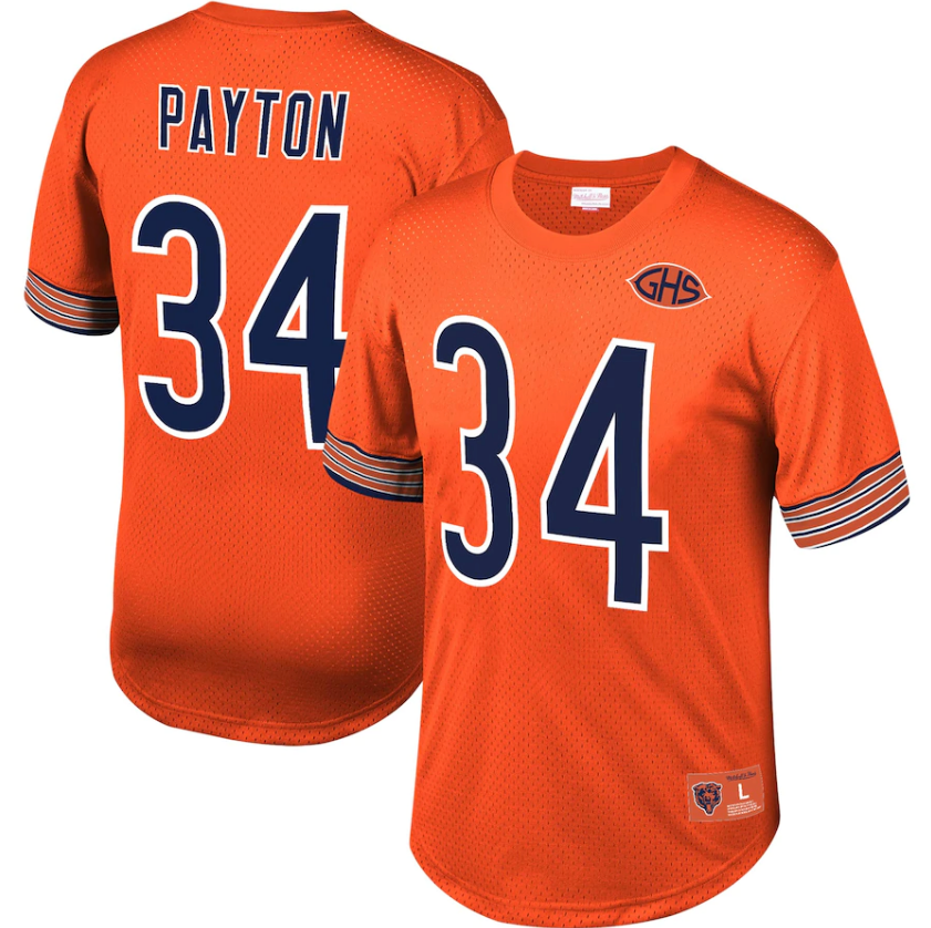 Men's Mitchell & Ness Walter Payton Orange Chicago Bears Retired Player Name & Number Mesh Crew Neck Top