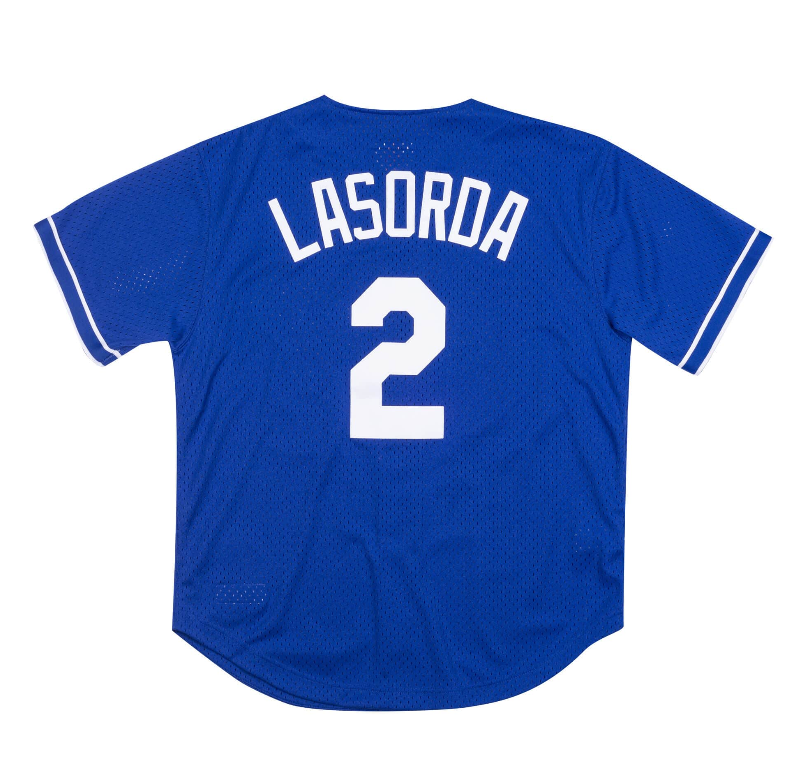 Men’s Mitchell & Ness Los Angeles Dodgers Tommy Lasorda 1995 Authentic Replica Blue Mesh Batting Practice Jersey