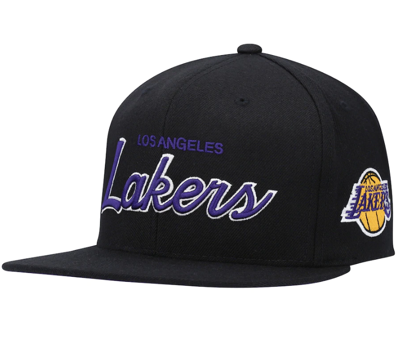 Mens NBA Los Angeles Lakers Black Foundation Script Snapback Hat By Mitchell And Ness