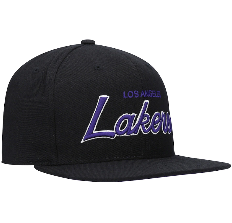 Mens NBA Los Angeles Lakers Black Foundation Script Snapback Hat By Mitchell And Ness