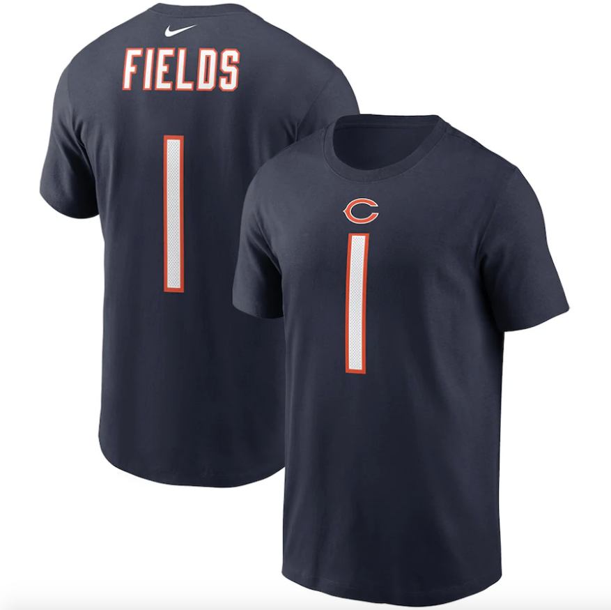 Men's Chicago Bears Justin Fields Nike Navy Player Name & Number T-Shirt