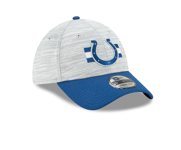 Indianapolis Colts 2021 Training Camp On Field Gray/Royal New Era 39THIRTY Flex Fit Hat