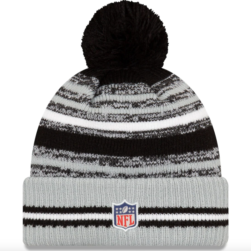 Men's Las Vegas Raiders New Era Black/Silver 2021 NFL Sideline Sport Official Pom Cuffed Knit Hat