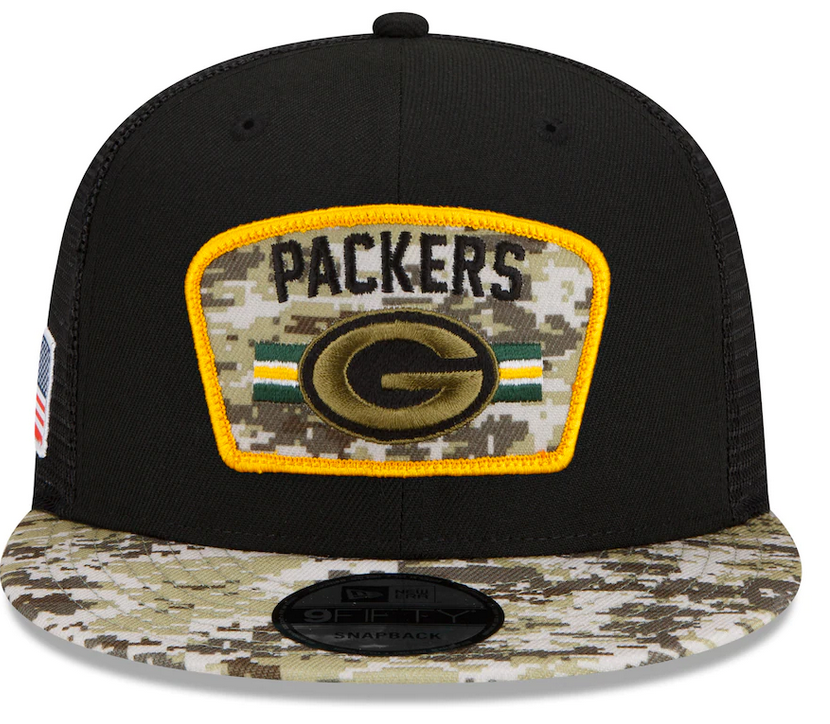 Men's Green Bay Packers New Era Black/Camo 2021 NFL Salute To Service Trucker 9FIFTY Snapback Adjustable Hat - Pro Jersey Sports