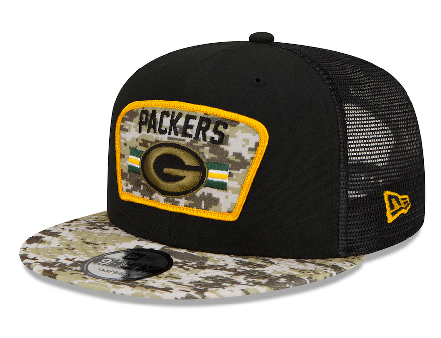 Men's Green Bay Packers New Era Black/Camo 2021 NFL Salute To Service Trucker 9FIFTY Snapback Adjustable Hat - Pro Jersey Sports