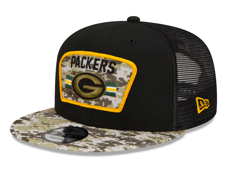 Men's Green Bay Packers New Era Black/Camo 2021 NFL Salute To Service Trucker 9FIFTY Snapback Adjustable Hat - Pro Jersey Sports