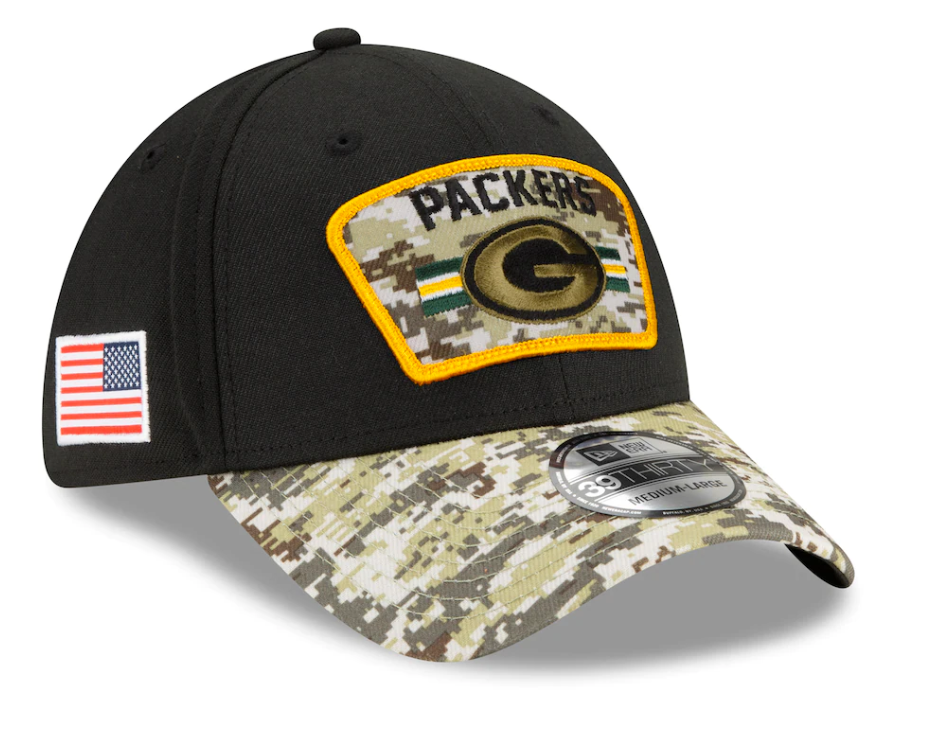 Men's Green Bay Packers New Era Black 2021 Salute to Service Primary Logo 39THIRTY Flex Hat - Pro Jersey Sports
