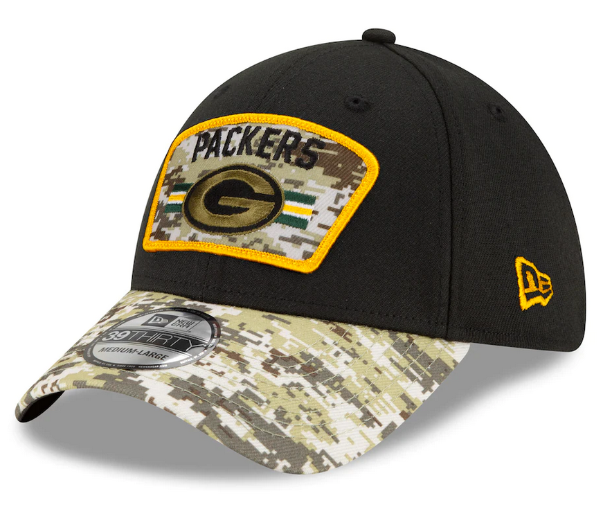 Men's Green Bay Packers New Era Black 2021 Salute to Service Primary Logo 39THIRTY Flex Hat - Pro Jersey Sports