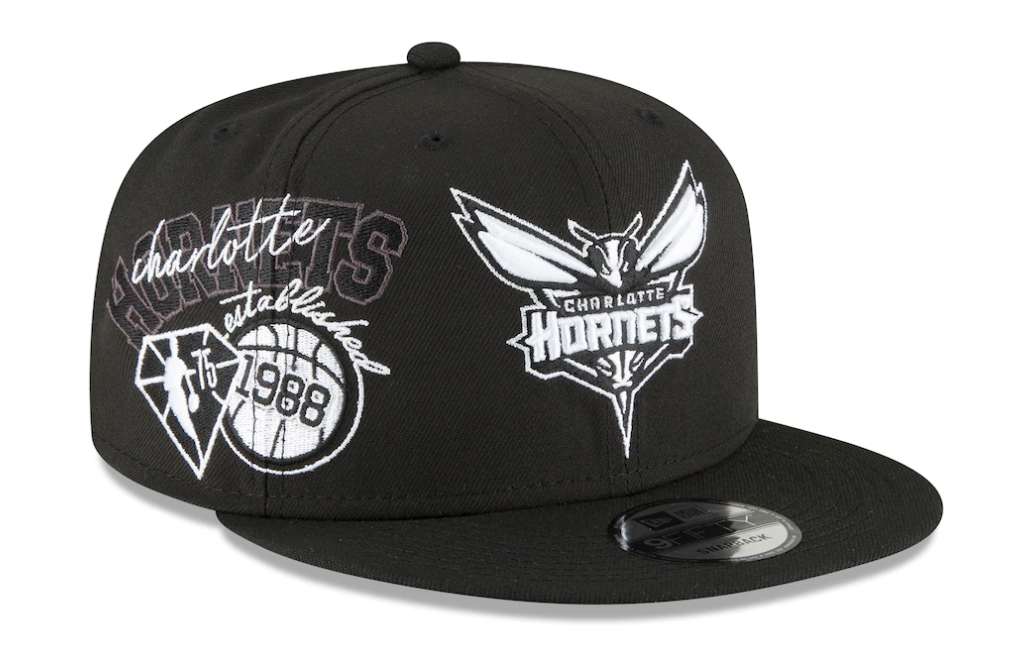 Mens Charlotte Hornets NBA 2022 Back Half New Era Black And White 9FIFTY Snapback Hat