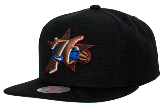 Philadelphia 76ers Black Ground 2.0 Snapback Hat By Mitchell And Ness