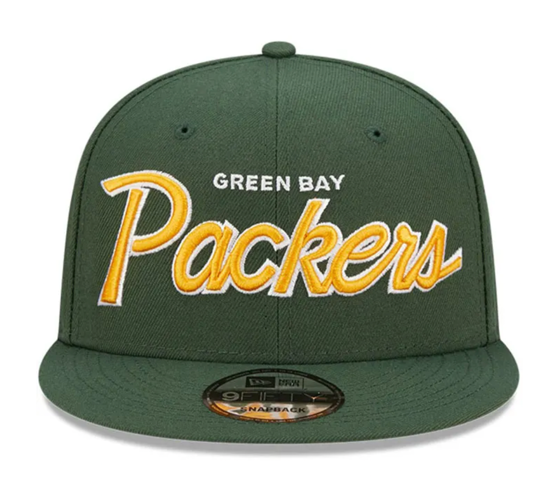 Mens Green Bay Packers New Era Green Script 9FIFTY Snapback Hat - Pro Jersey Sports