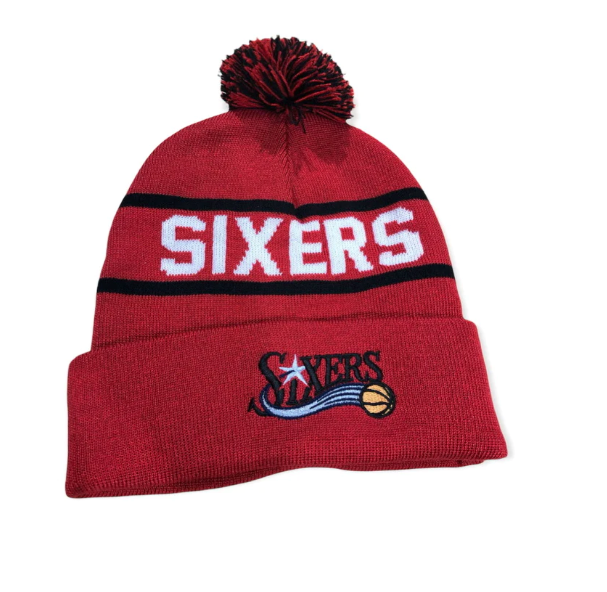 Philadelphia 76ers Mitchell & Ness NBA Reload 2.0 Red Cuffed Pom Knit Hat