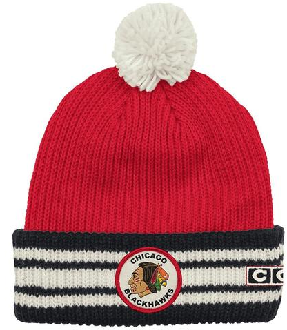 Chicago Blackhawks CCM 1961 Logo Watch Cap Striped Cuffed Knit Hat with Pom - Pro Jersey Sports